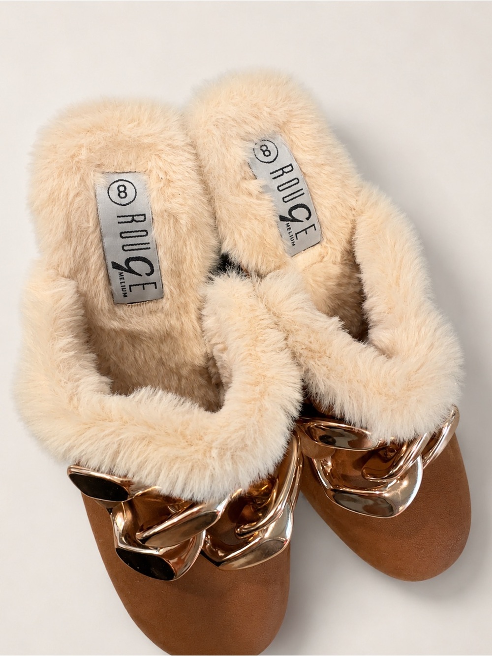 Rouge Helium Tan Faux-Fur Lined Mules with Gold Chain Trim